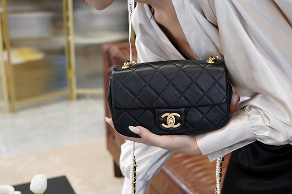 Chanel Flap Bag Calfskin Crystal Pearls & Gold-Tone Metal black - Nice Bag™