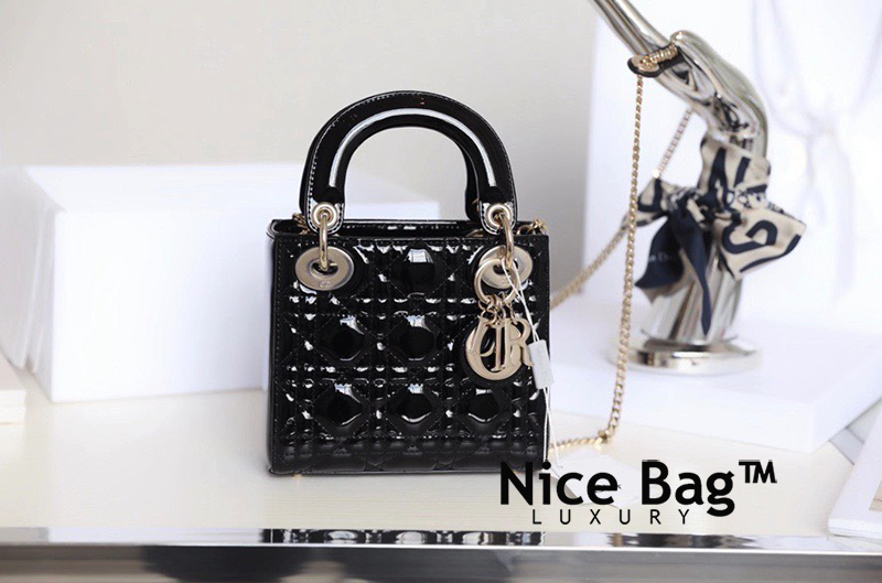 Túi Dior Lady Mini Da Bóng Đen Vàng - Nice Bag™