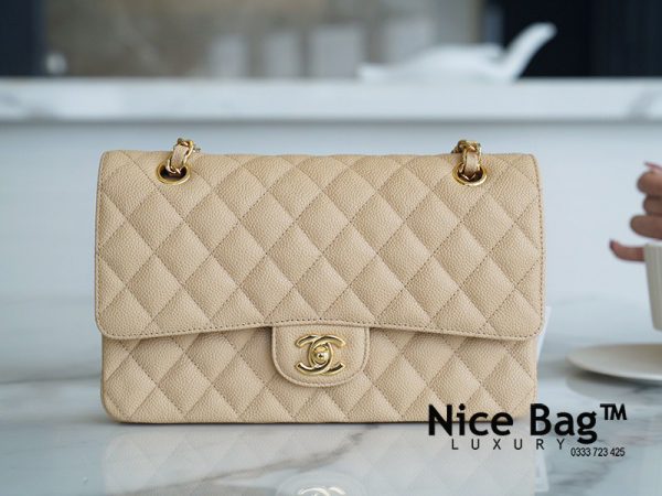 Chanel Classic Double Flap Quilted Caviar Gold tone Medium Beige - Nice Bag™