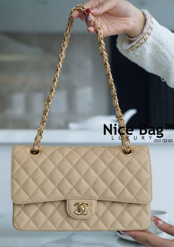 Chanel Classic Double Flap Quilted Caviar Gold Tone Medium Beige - Nice Bag™