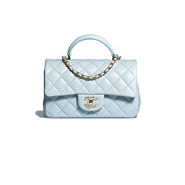 Chanel Mini Flap Bag With Top Handle Blue like authentic sử dụng chất liệu da cừu nguyên bản như chính hãng, sản xuất hoàn toàn bằng thủ công, cam kết chất lượng tốt nhất chuẩn 99% so với chính hãng, full box và phụ kiện