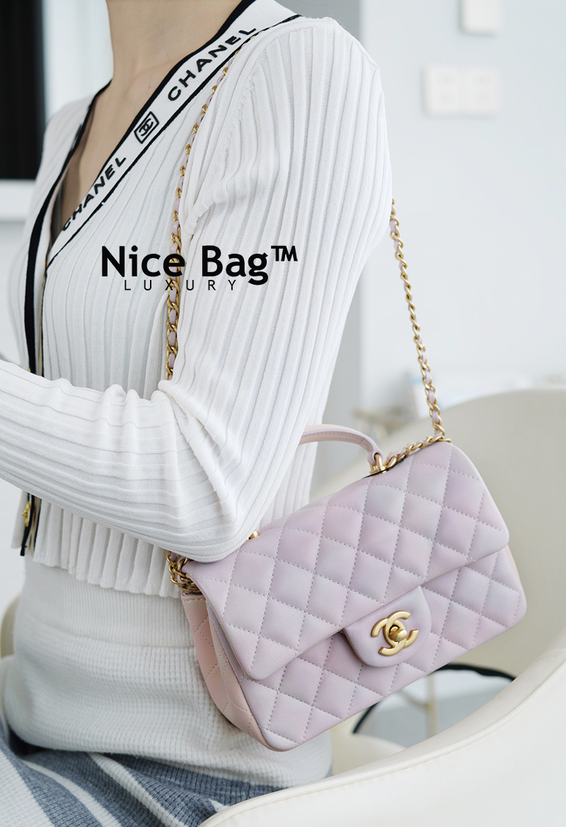 Chanel Mini Flap Bag With Top Handle Lambskin Gold Tone Metal Light Pink  Light Green - Nice Bag™