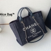 Chanel Maxi Shopping Bag denim & gold-tone metal dark blue & white sử dụng chất liệu vải Denim nguyên bản như chính hãng, được may thủ công tay, full box và phụ kiện, cam kết chuẩn 99% so với chính hãng
