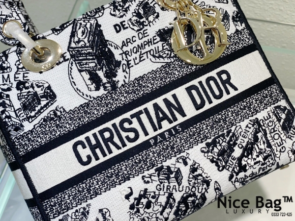 Dior Medium Lady D-Lite Bag White And Black Plan De Paris Embroidery like authentic được thêu thủ công 100%, cma kết chất lượng tốt nhất, chuẩn 99% so với chính hãng, full box và phụ kiện