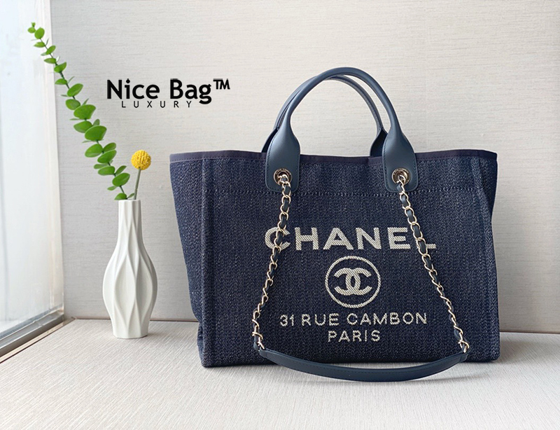 Túi Chanel Maxi Shopping Bag Denim & Gold-tone Metal Dark Blue & White