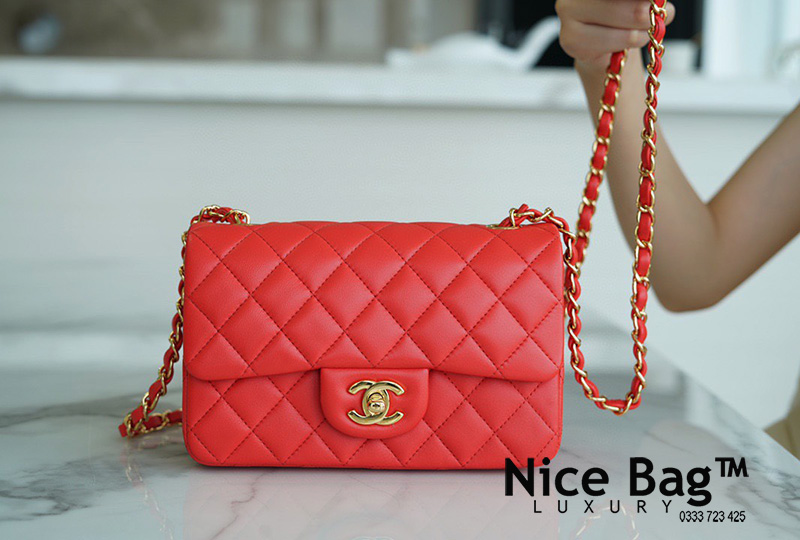 Túi Chanel Red Lambskin Leather Classic Mini Double Flap Bag